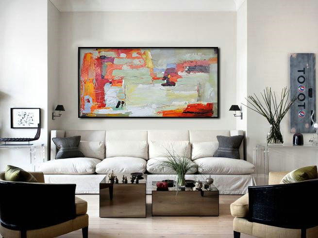 Original Extra Large Wall Art,Horizontal Palette Knife Contemporary Art,Contemporary Art Acrylic Painting,Red,Light Green,White,Yellow.Etc